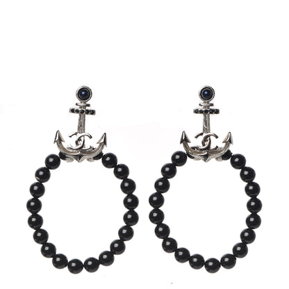 Chanel Ruthenium Bead Anchor Drop CC Oval Earrings Black Blue 1 of 5