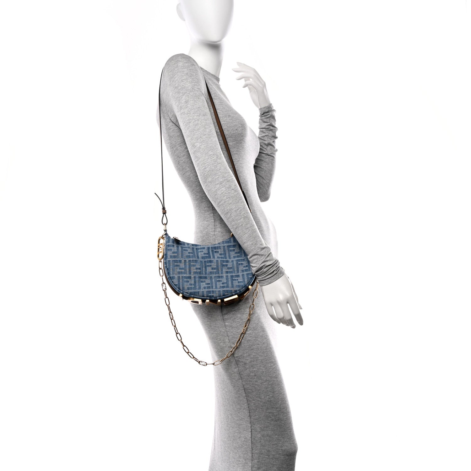 Fendi Denim Vitello King F is Fendi FF Embroidered Mini Fendigraphy Hobo Bag Denim Sand 2 of 10