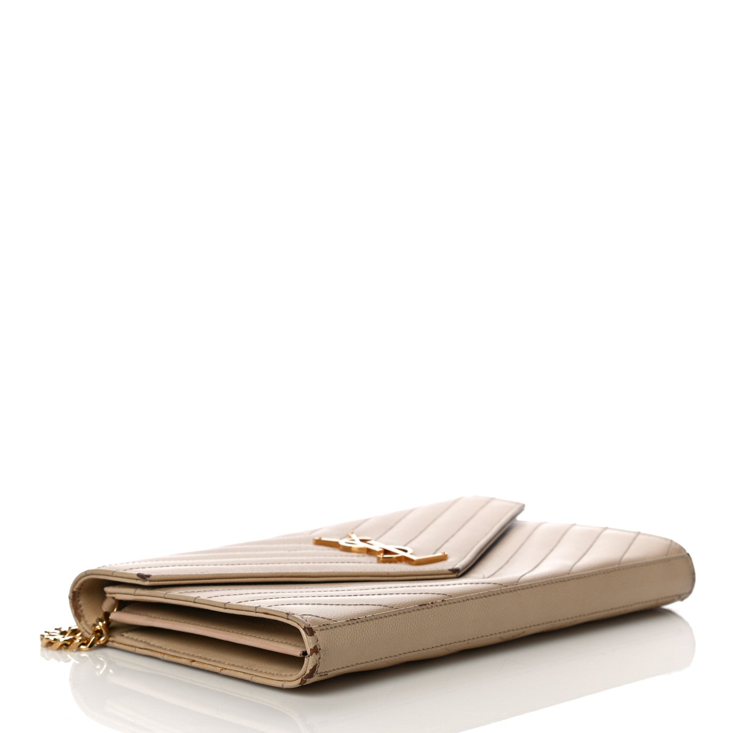 Saint Laurent Grain De Poudre Matelasse Chevron Monogram Chain Wallet Dark Latte 4 of 30