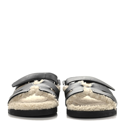 Hermes Calfskin Woolskin Mens Chypre Sandals 41.5 Black Ecru 3 of 9