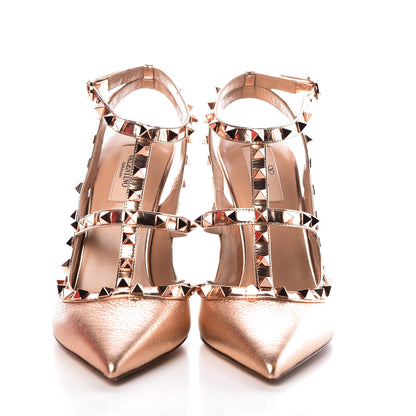 Valentino Garavani Metallic Pebbled Calfskin Rockstud Ankle Strap 100mm Pumps 40 Rame 2 of 8