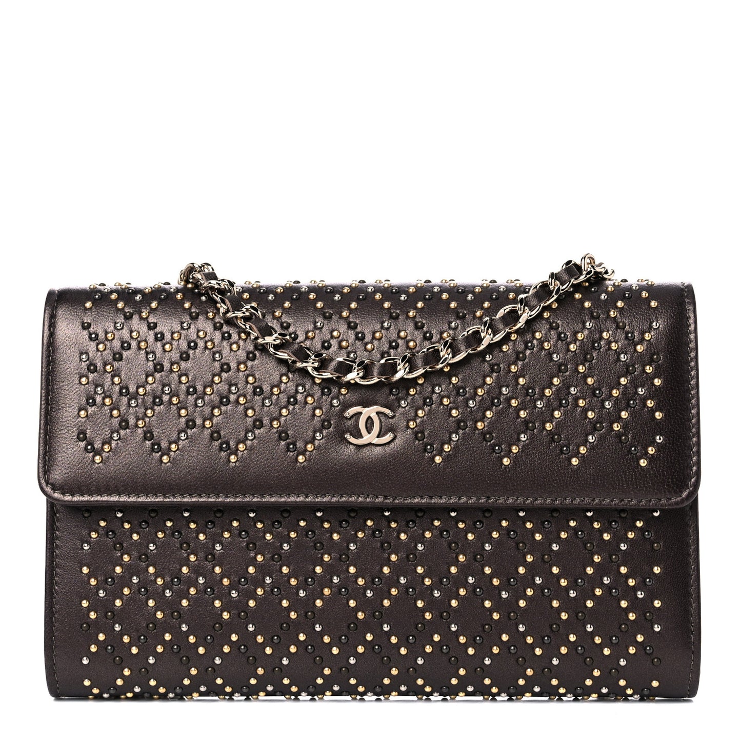 Lambskin Studded Wallet on Removable Chain Bronze