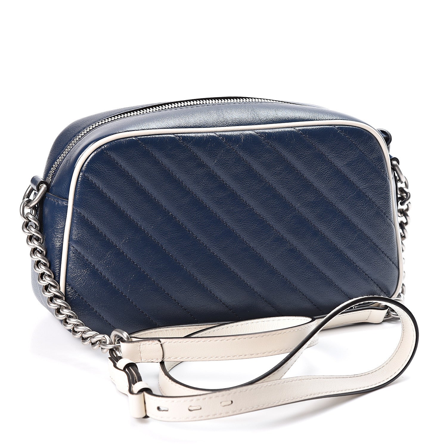 Gucci Vintage Effect Calfskin Matelasse Diagonal Small Torchon GG Marmont Chain Shoulder Bag Blue Agata Mystic White 2 of 10