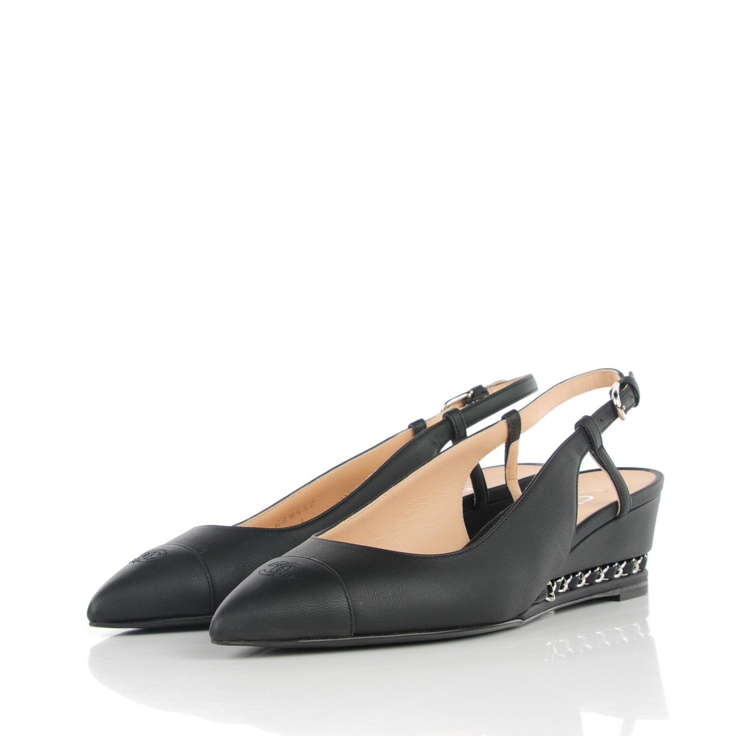 Lambskin Chain CC Cap Toe Slingback Wedge Sandals 35 Black