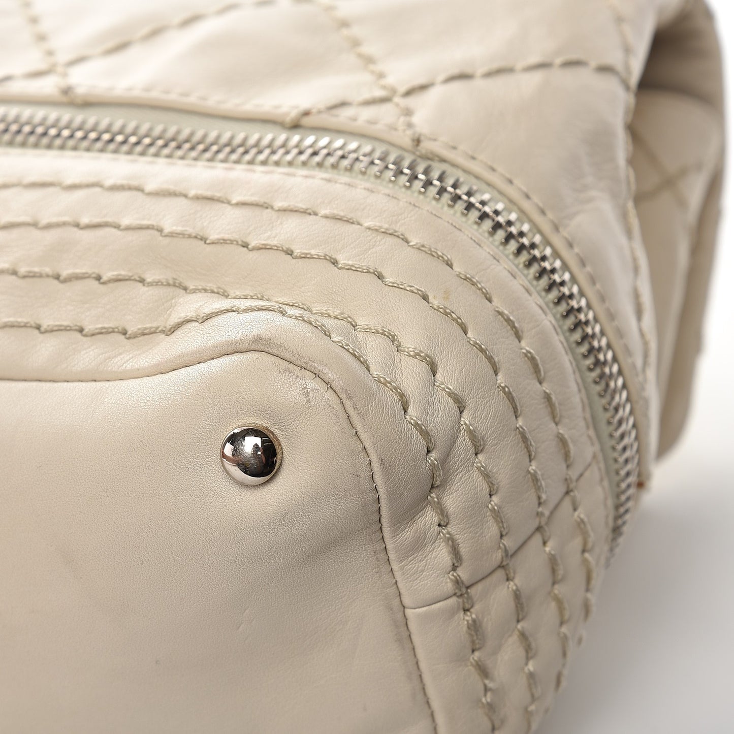 Calfskin Stitched Large Expandable Flap Bag White