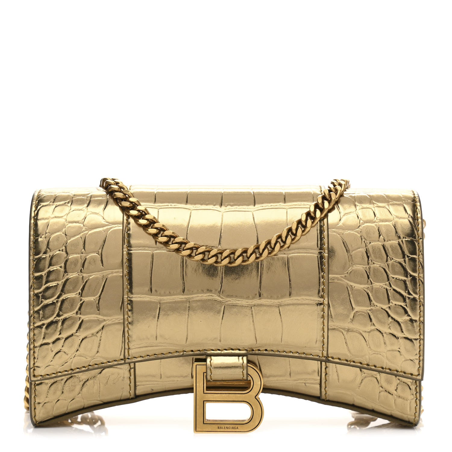 Balenciaga Metallic Calfskin Crocodile Embossed Hourglass Chain Bag Gold 1 of 12