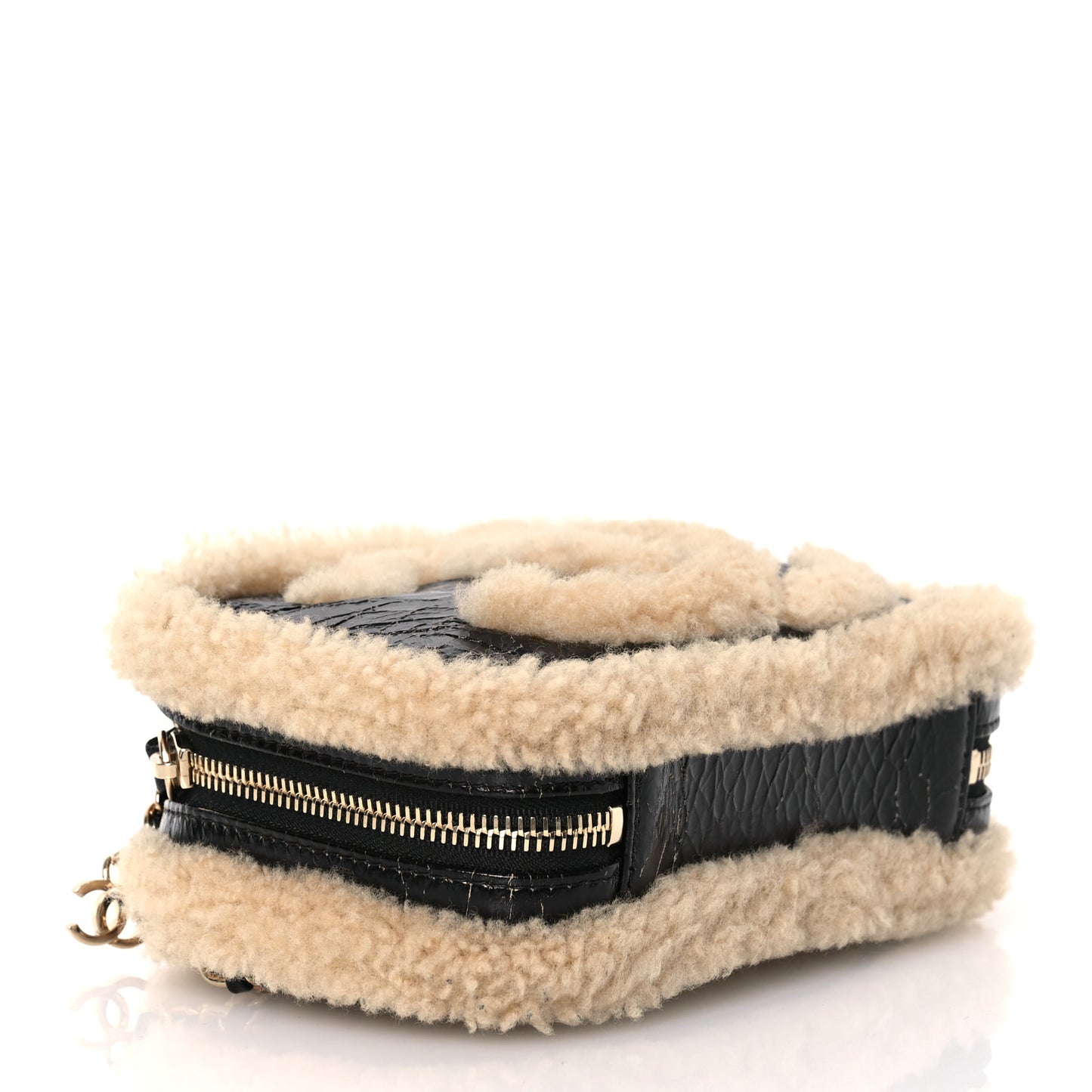 Shiny Crumpled Sheepskin Shearling Waist Bag Black Beige
