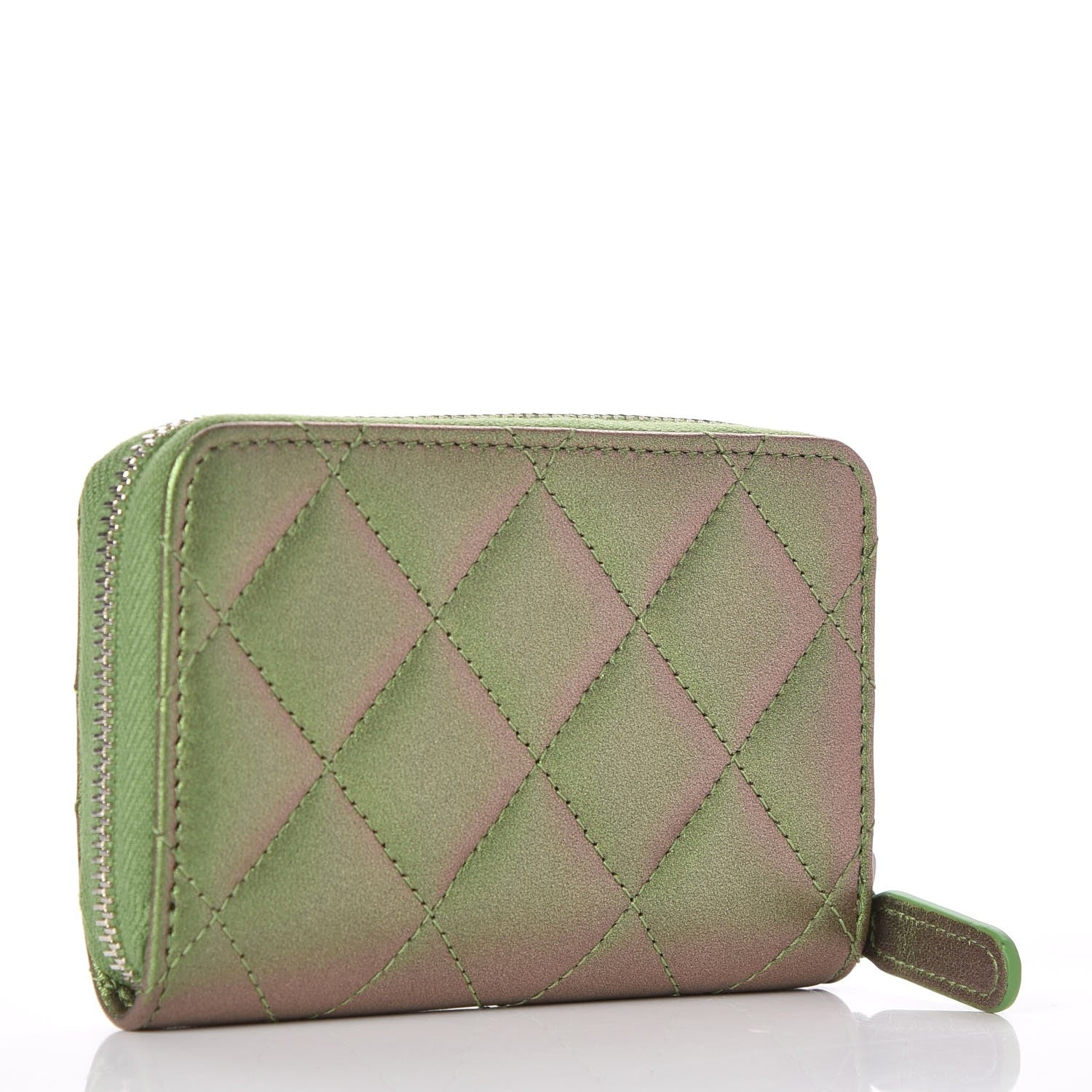 Chanel Metallic Lambskin Quilted Zip Around Coin Purse Wallet Green 3 of 8