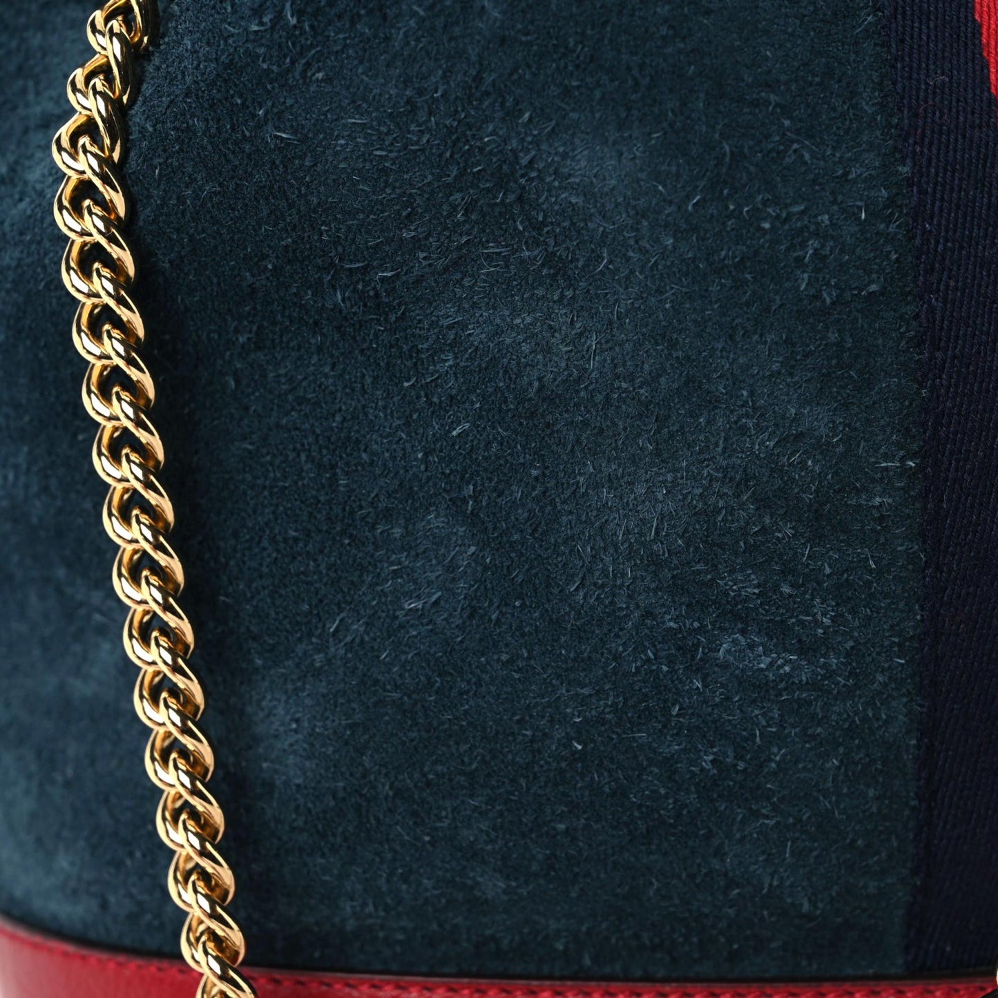 Suede Calfskin Web Medium Rajah Bucket Bag New Blue Romantic Cherry