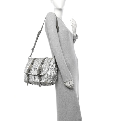 Prada Metallic Nappa Gaufre Messenger Tote Argento 2 of 19
