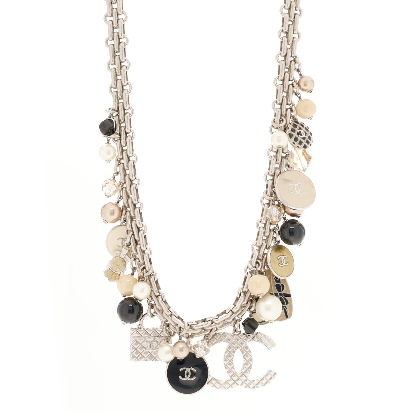 Enamel Pearl Charm Short Necklace Silver