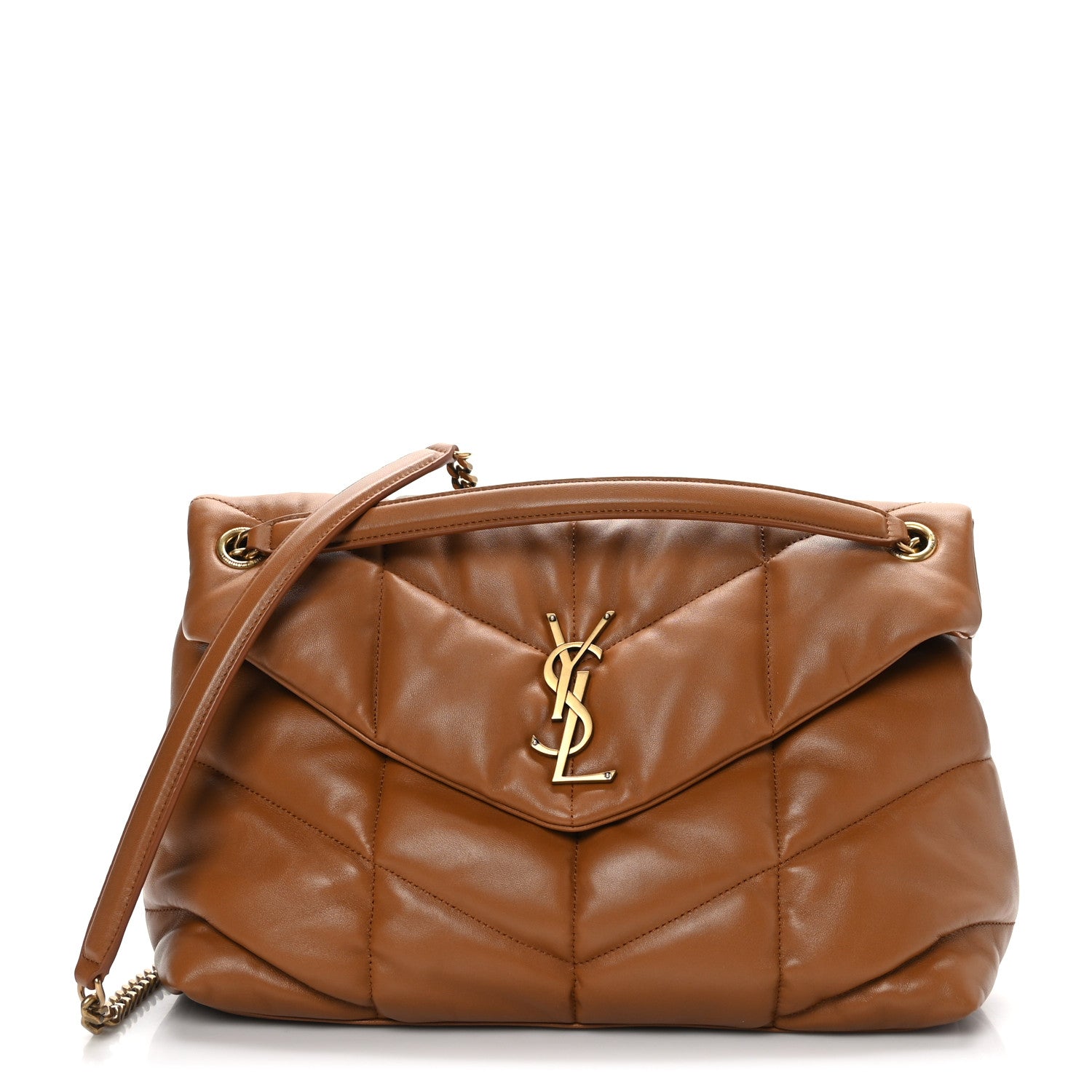 Saint Laurent Lambskin Quilted Medium Loulou Puffer Monogram Chain Satchel Miel Dark 1 of 9