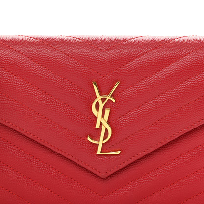 Saint Laurent Grain De Poudre Matelasse Chevron Monogram Envelope Chain Wallet Red 14 of 23