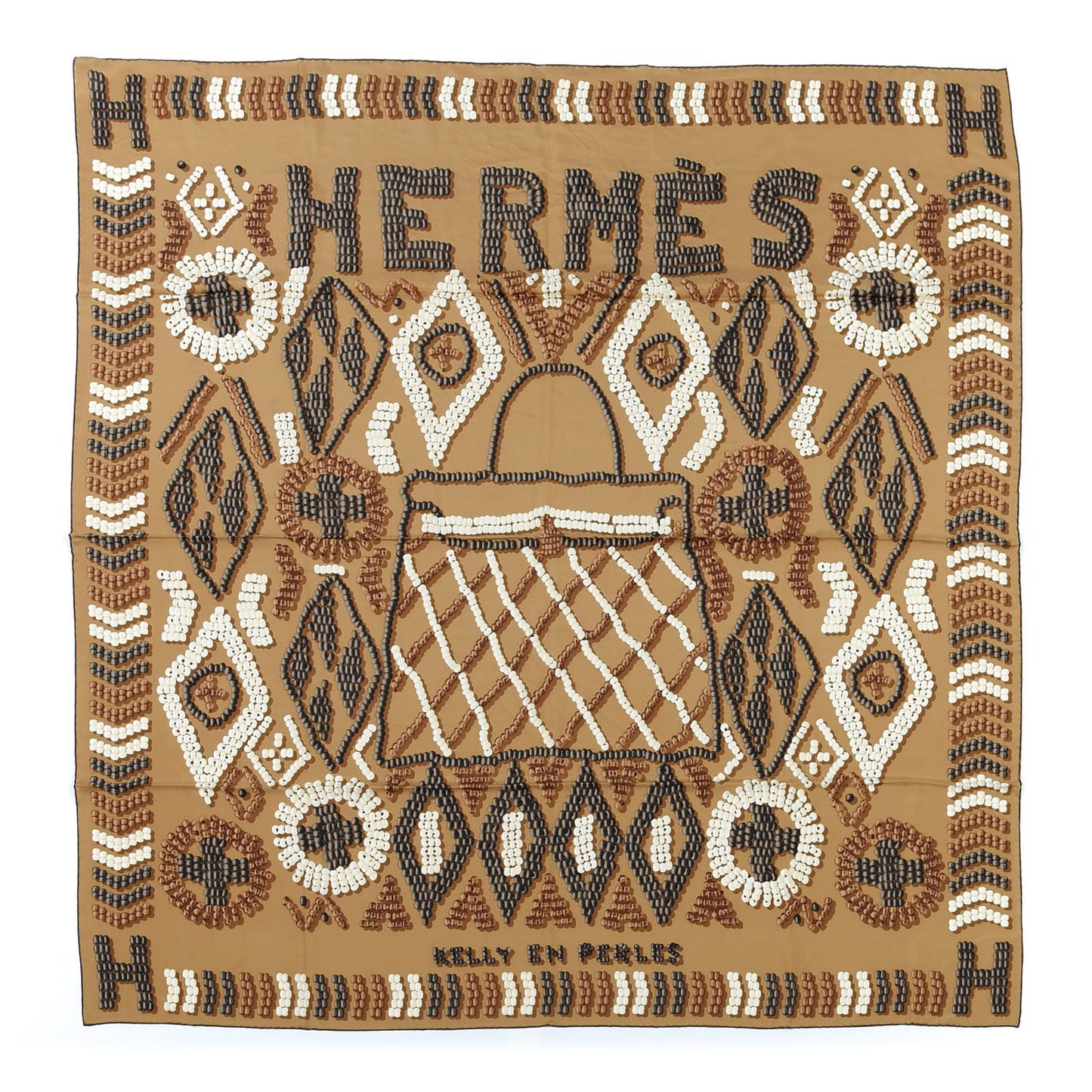 Silk Twill Kelly En Perles Giant Scarf 140 Camel Taupe Nacre