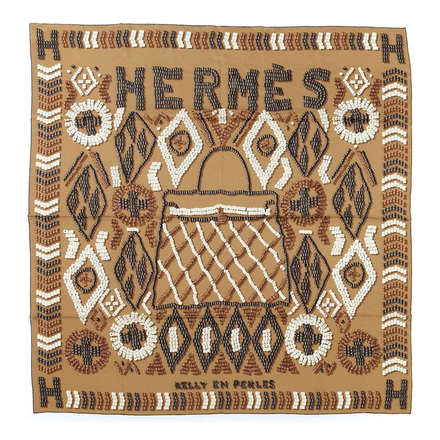 Hermes Silk Twill Kelly En Perles Giant Scarf 140 Camel Taupe Nacre 1 of 5