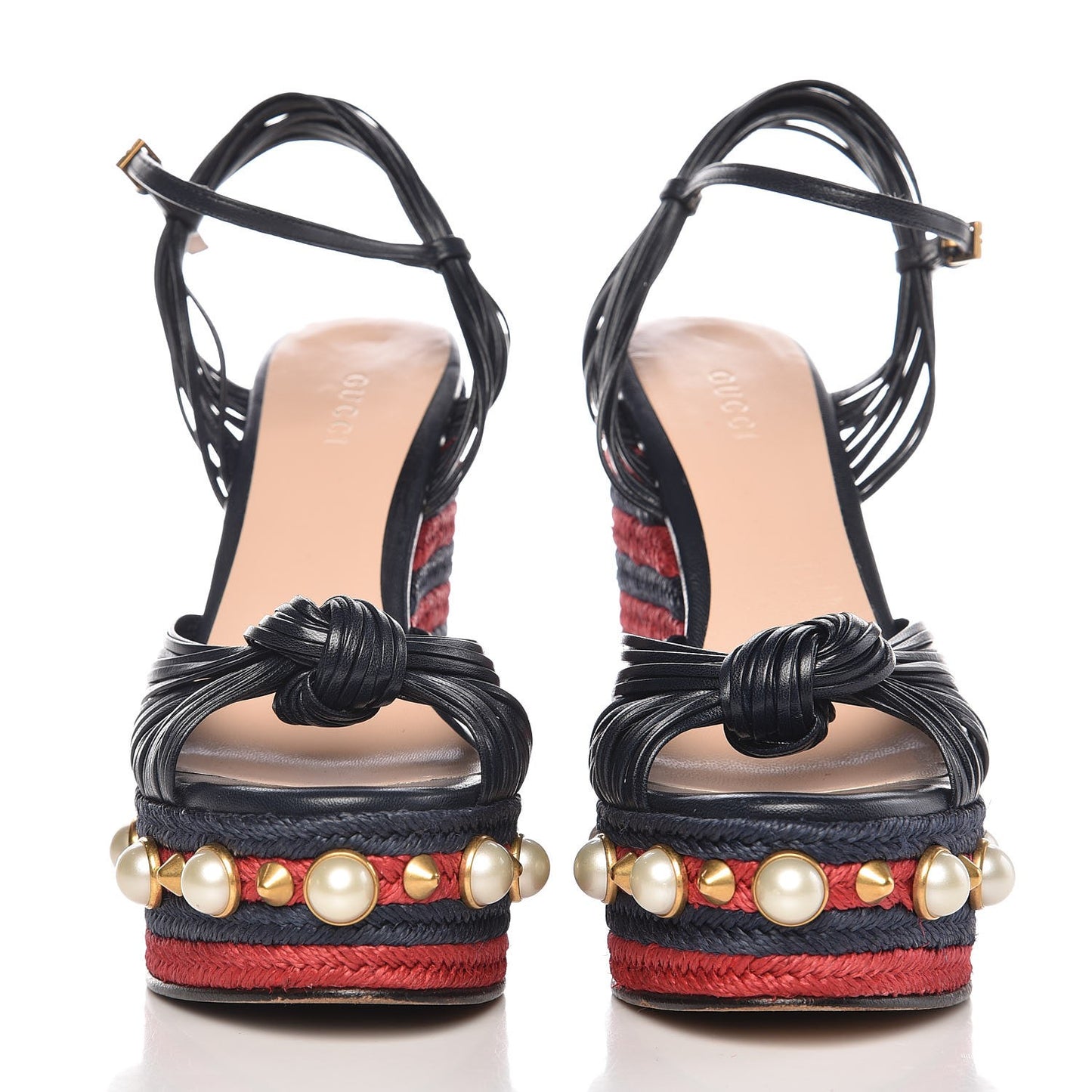 Raffia Calfskin Pearl Embellished Barbette Espadrille Platform Wedge Sandals 36.5 Midnight Blue Red