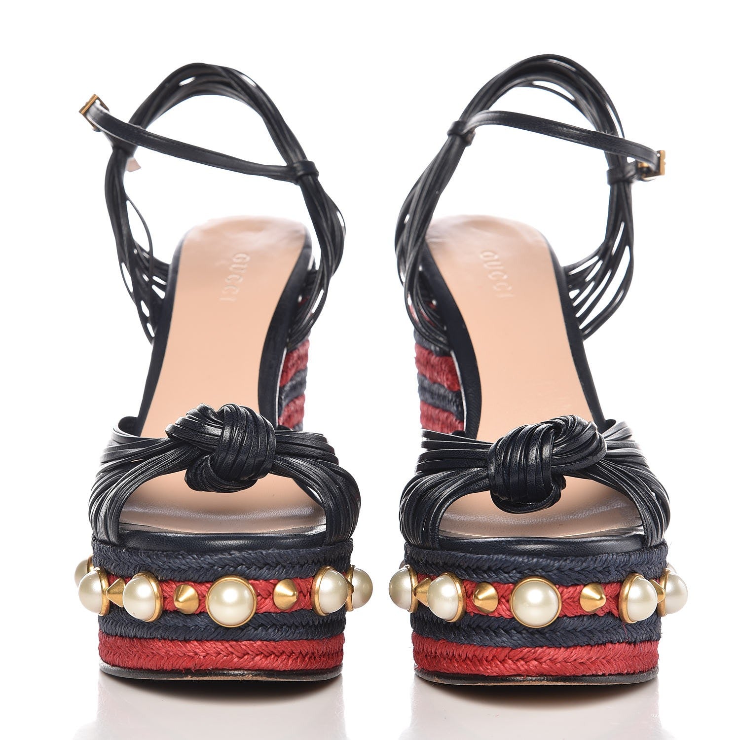 Gucci Raffia Calfskin Pearl Embellished Barbette Espadrille Platform Wedge Sandals 36.5 Midnight Blue Red 2 of 12