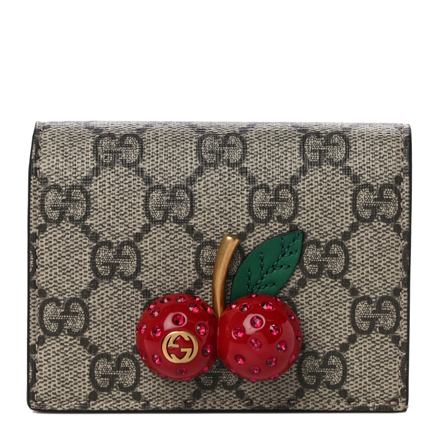 Gucci GG Supreme Monogram Cherry Embellished Card Case Wallet Hibiscus Red 1 of 10