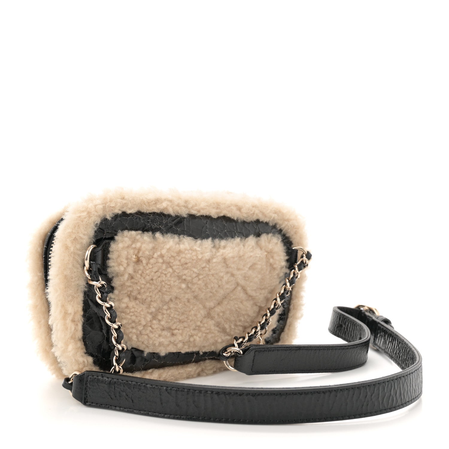 Chanel Shiny Crumpled Sheepskin Shearling Waist Bag Black Beige 3 of 12