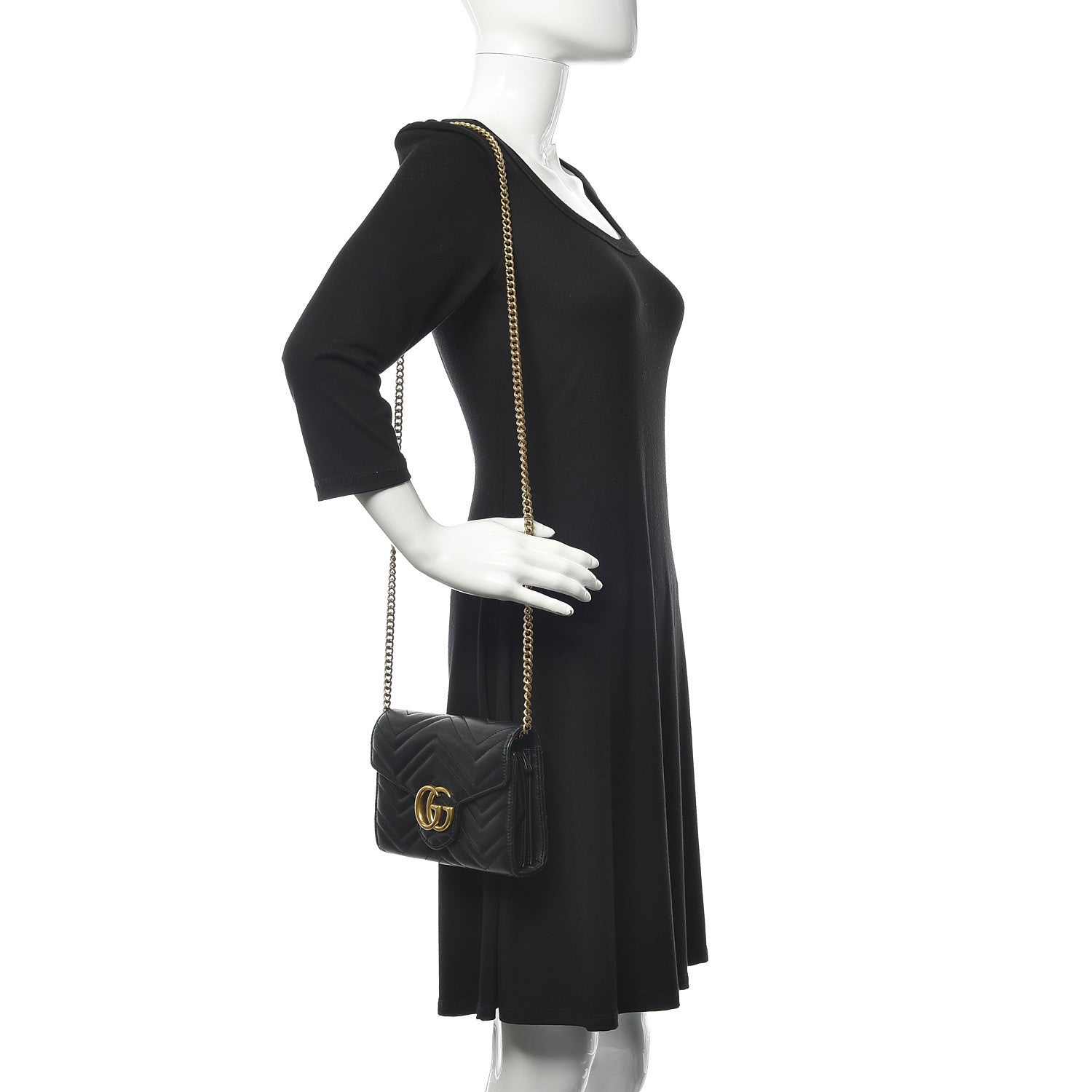 Gucci Calfskin Matelasse GG Marmont Chain Wallet Black 2 of 18