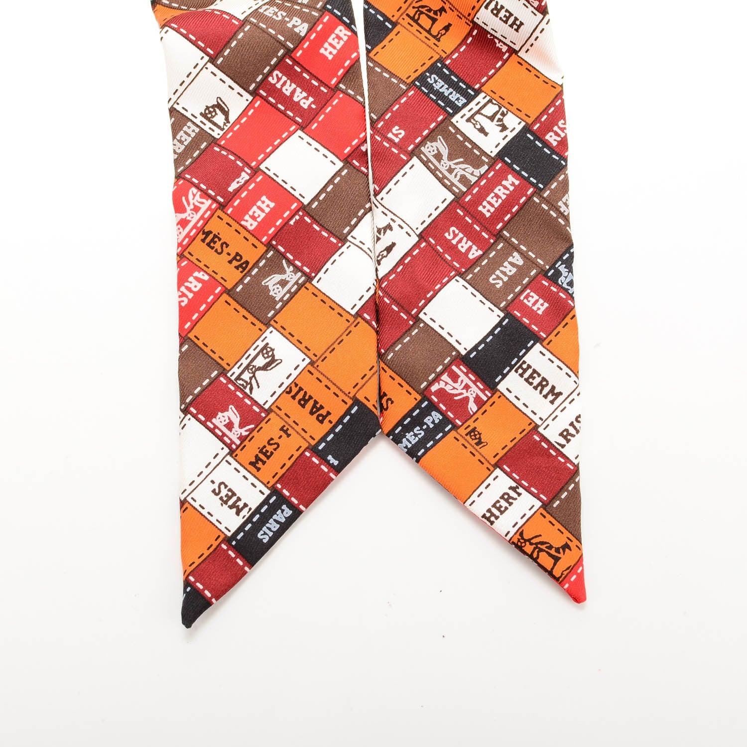Hermes Silk Bolduc Au Carre Twilly Orange Brun Blanc 4 of 5