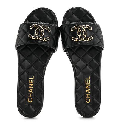 Chanel Shiny Goatskin Quilted CC Mules Sandals 36.5 Black 3 of 20