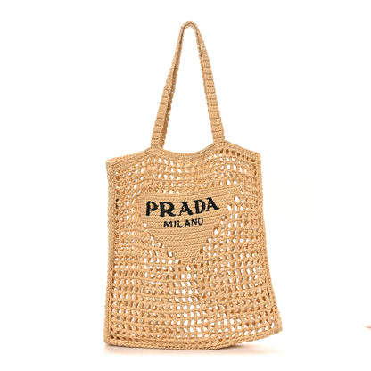 Prada Yarn Raffia Effect Crochet Logo Embroidered Tote Bag Naturale 1 of 9