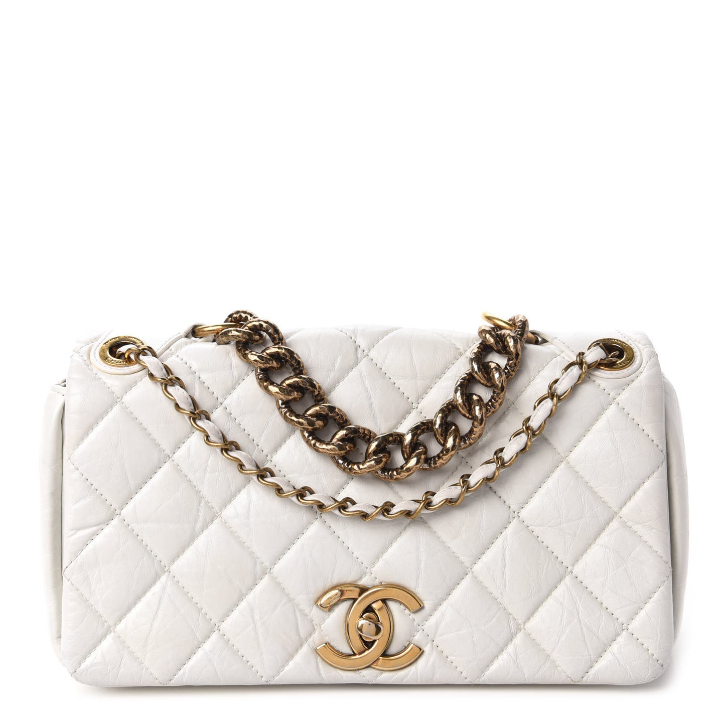 Aged Calfskin Quilted Small Pondichery Flap White