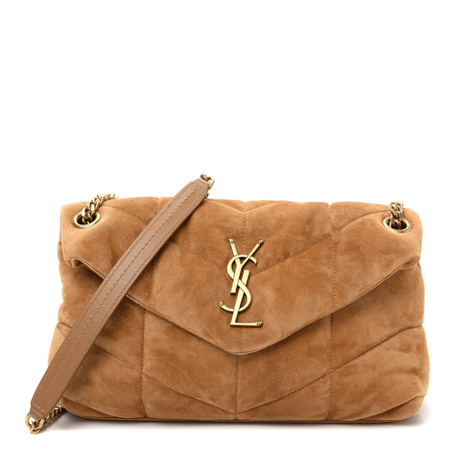 Saint Laurent Suede Calfskin Quilted Small Loulou Puffer Monogram Chain Satchel Cinnamon 1 of 9