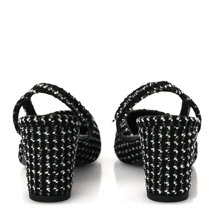 Chanel Tweed Grosgrain Cap Toe CC Slingback Pumps 35 Black White 6 of 12