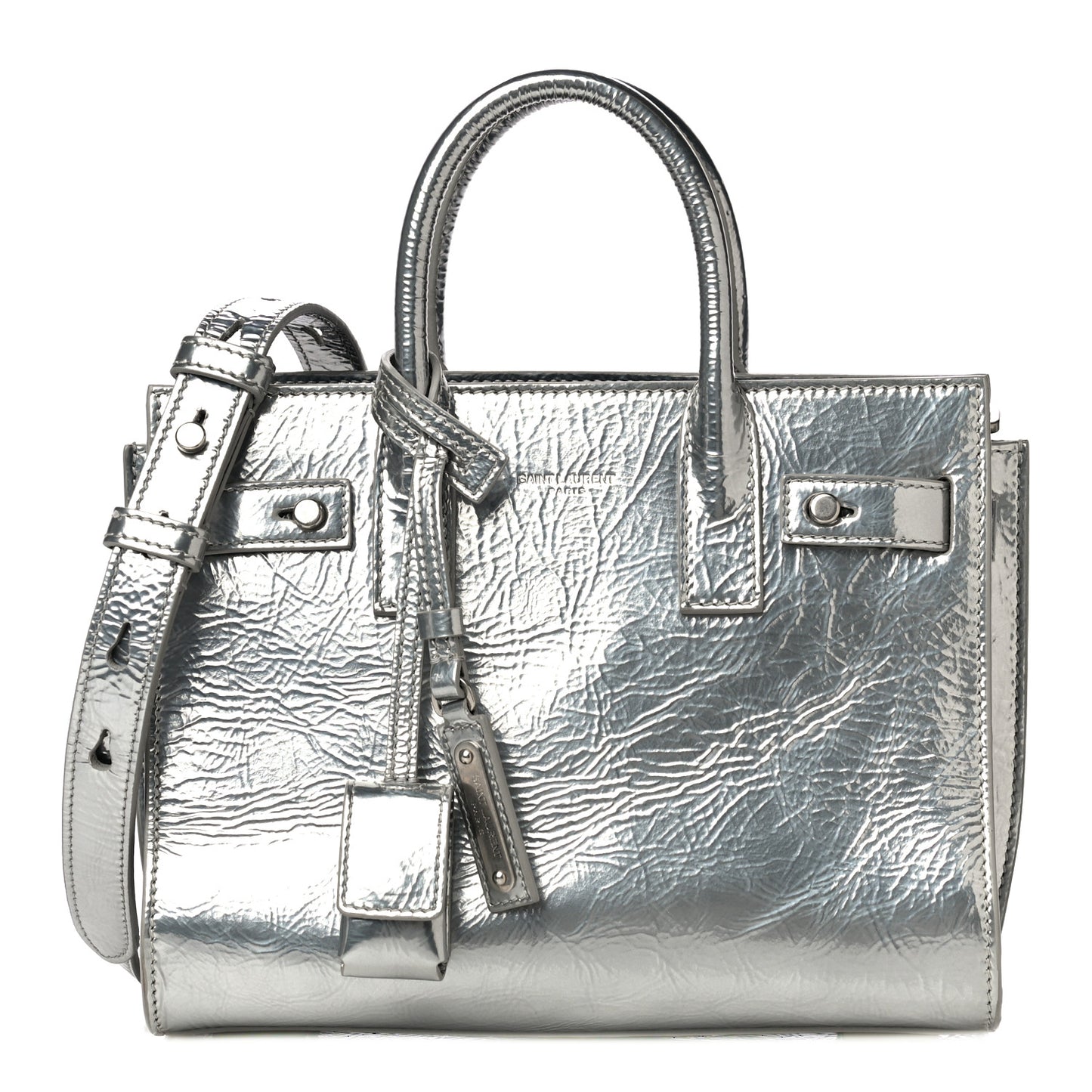 Metallic Crinkled Calfskin Nano Supple Sac De Jour Silver