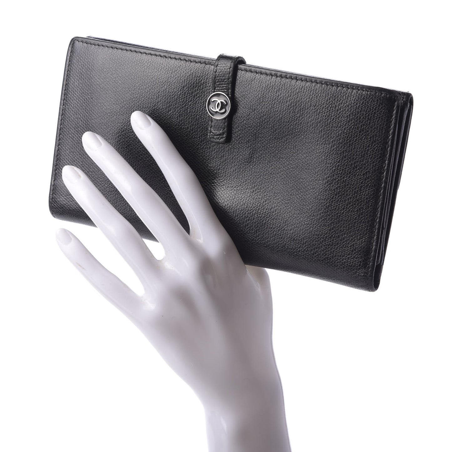 Grained Calfskin CC Button Long Wallet Black
