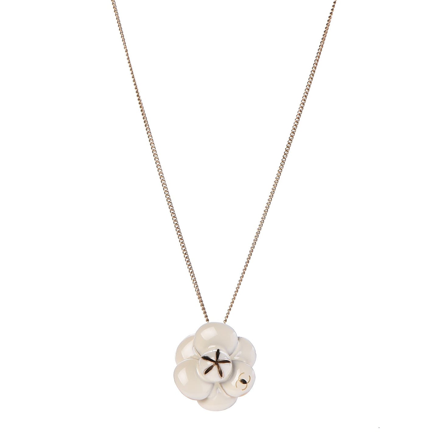Enamel CC Camellia Pendant Necklace Gold White