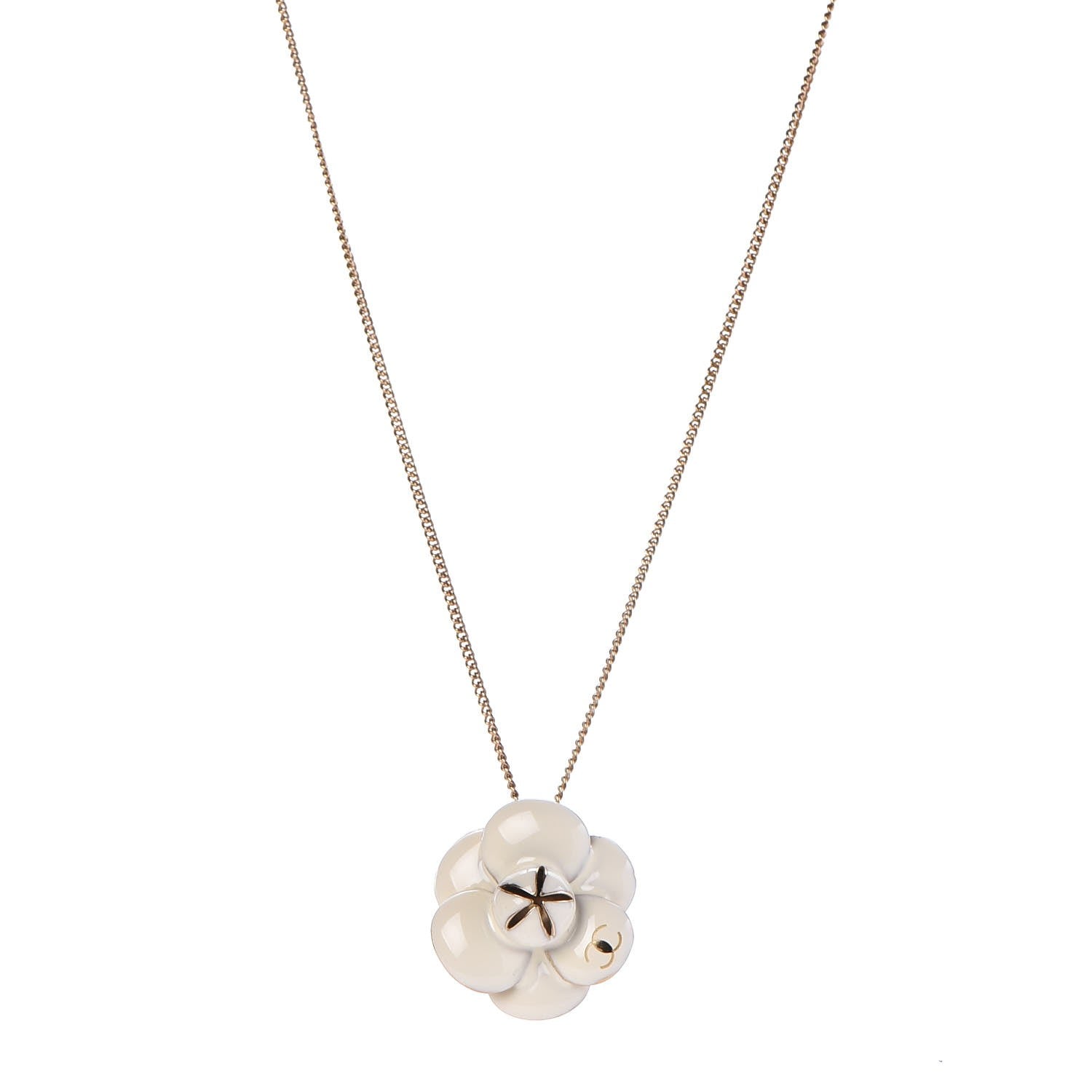 Chanel Enamel CC Camellia Pendant Necklace Gold White 1 of 5
