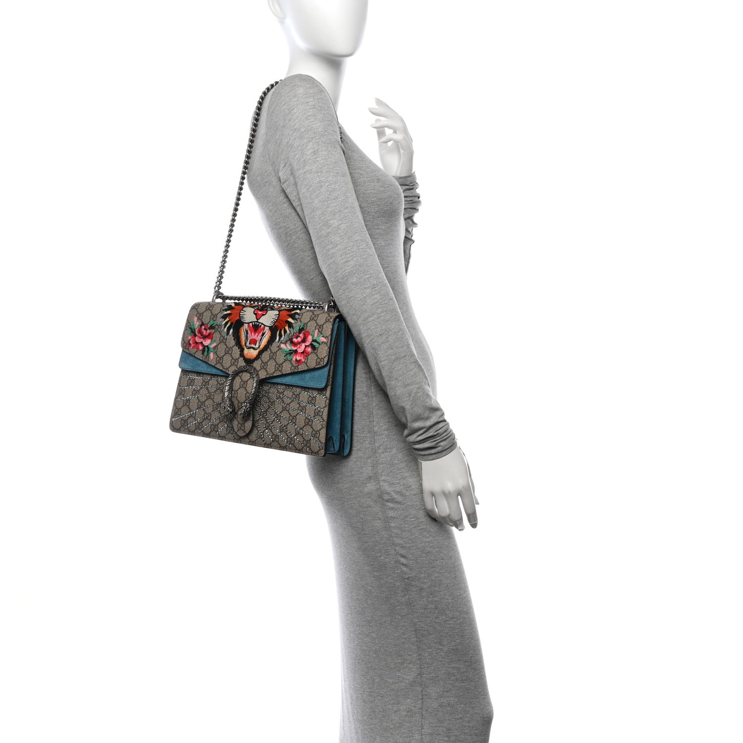 GG Supreme Monogram Angry Cat Embroidered Medium Dionysus Shoulder Bag Beige Ultramarine
