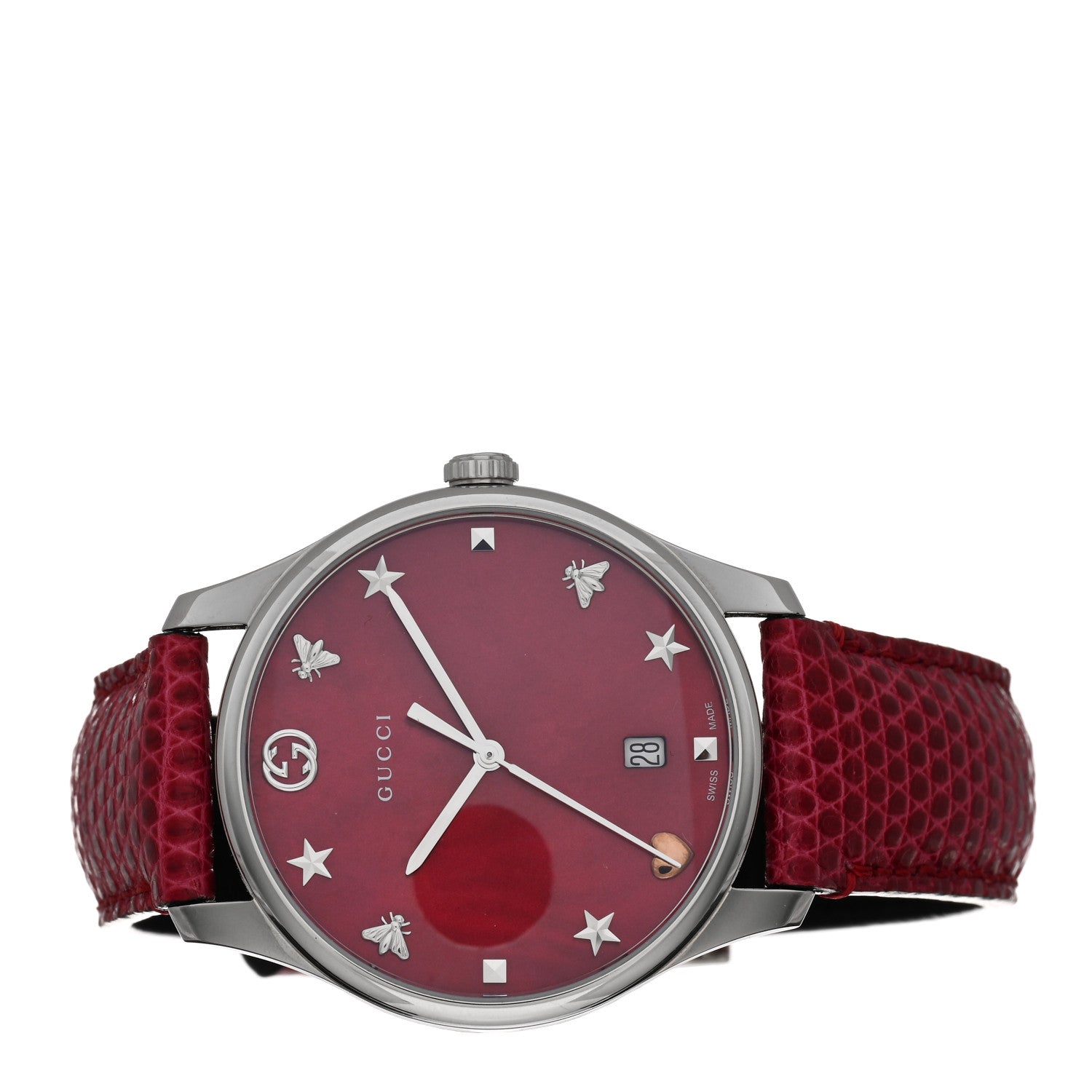 Gucci Stainless Steel Lizard Red Mother of Pearl 36mm G-Timeless Charm Quartz Watch 2 of 4