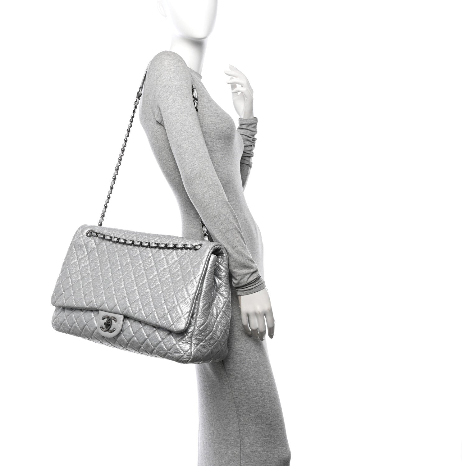 Chanel Metallic Calfskin Quilted XXL Travel Flap Bag Silver 2 of 9
