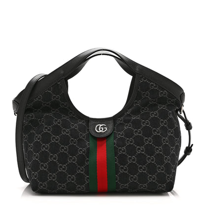 Gucci Denim GG Monogram Web Small Giglio Tote Black Ivory 1 of 10
