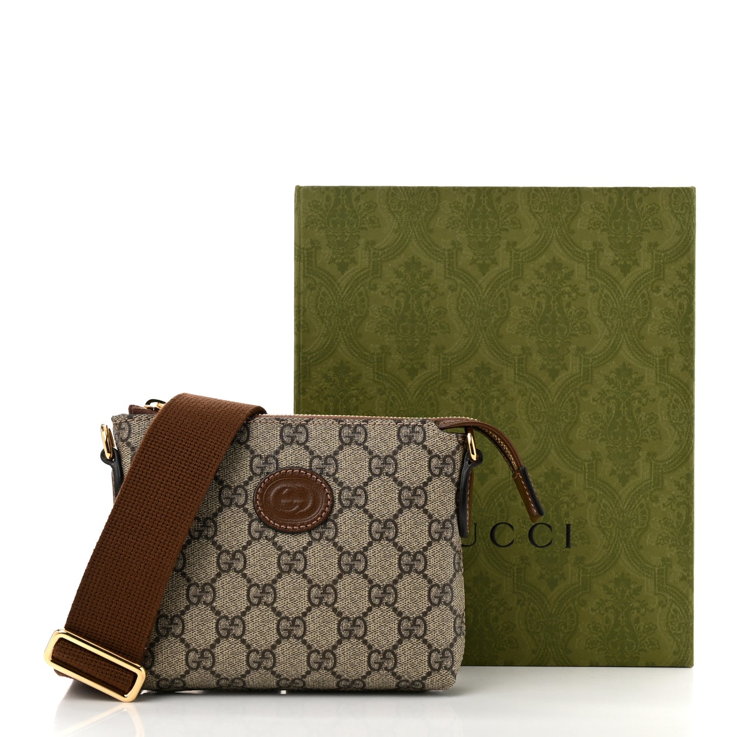 GG Supreme Monogram Azalea Calfskin Small Retro Interlocking G Wristlet Messenger Bag Beige Ebony Brown Sugar