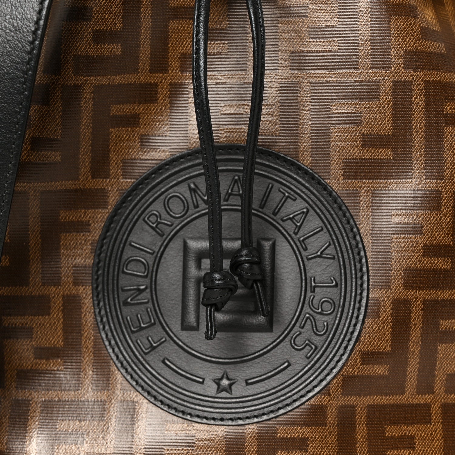 Fendi Glazed Fabric Vitello Grace F is Fendi FF 1974 Stamp Patch Grande Mon Tresor Bucket Bag Mogano Panna Black 10 of 12
