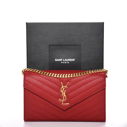 Saint Laurent Grain De Poudre Matelasse Chevron Monogram Chain Wallet Red 9 of 9