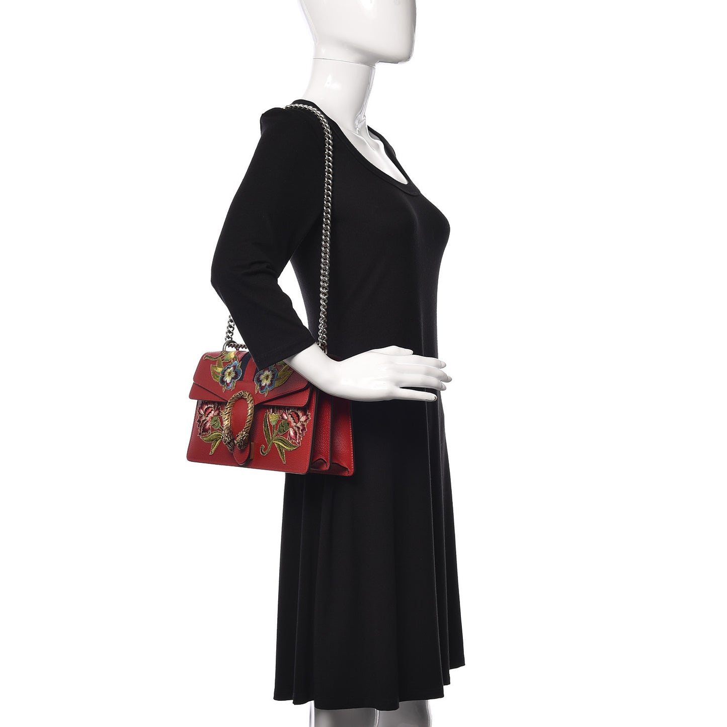 Calfskin Web Floral Embroidered Small Dionysus Shoulder Bag Hibiscus Red