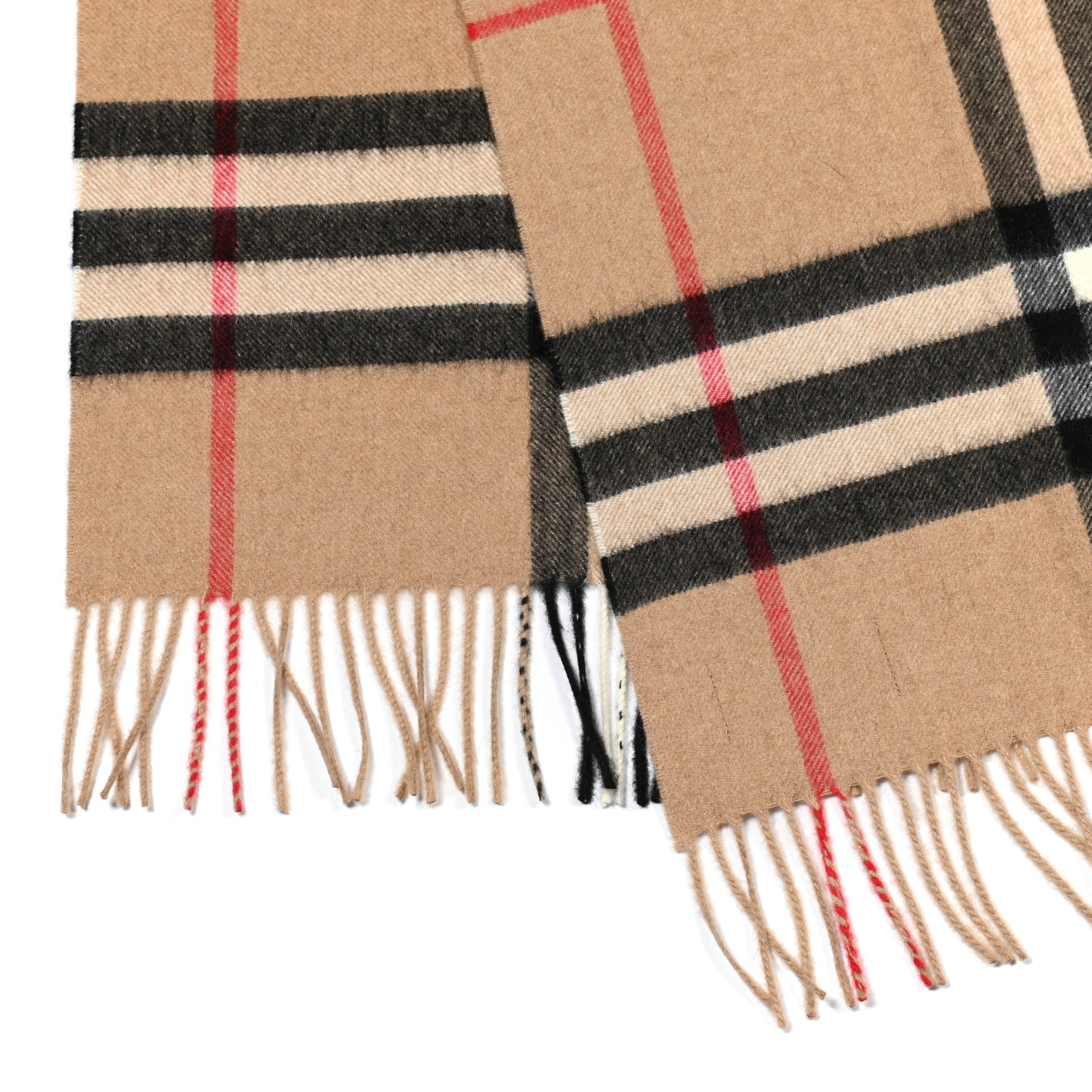 Cashmere Giant Check Fringe Scarf Camel