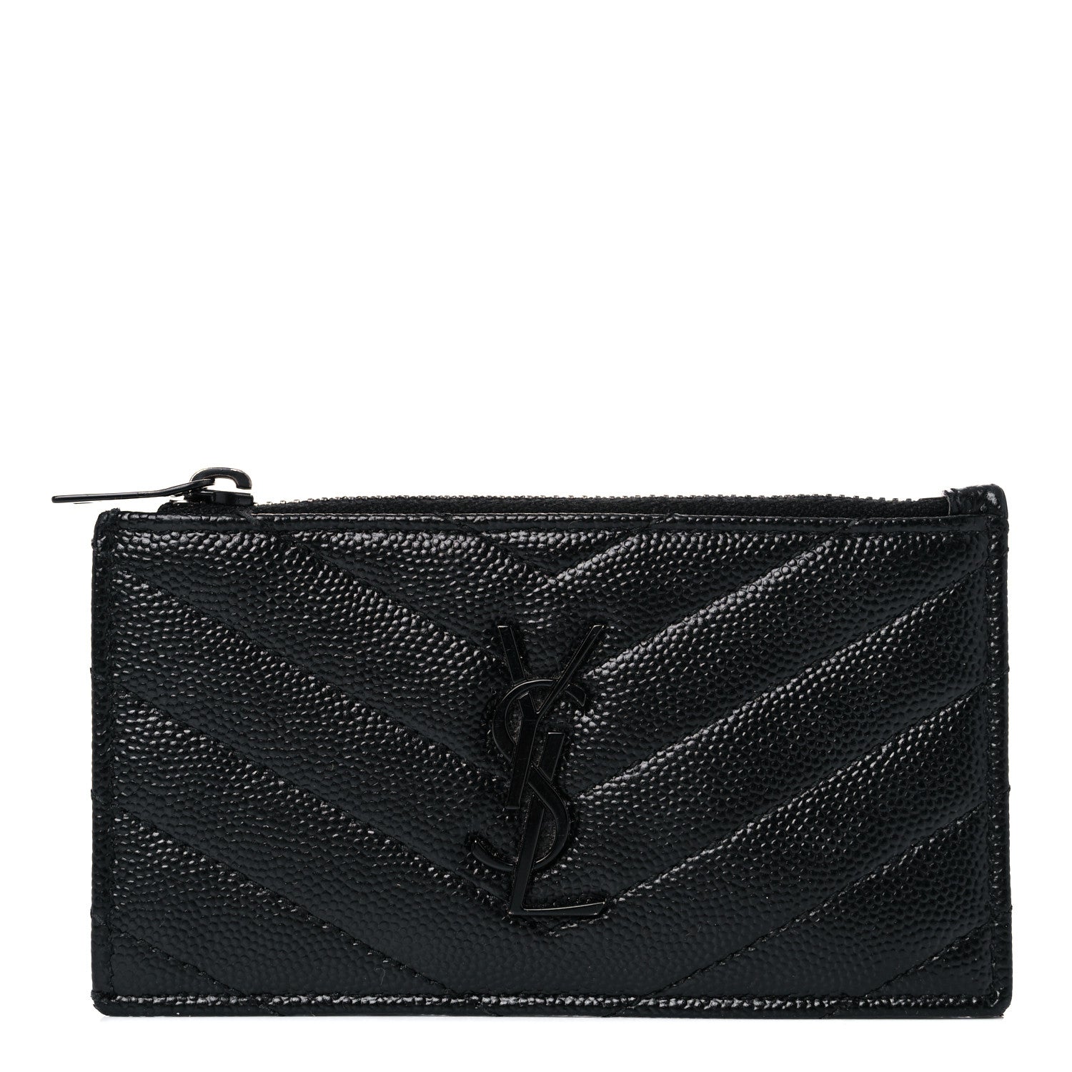 Saint Laurent Grain De Poudre Matelasse Chevron Monogram Fragments Zippered Card Case Black 1 of 12