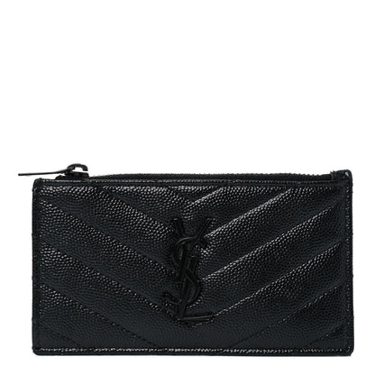 Saint Laurent Grain De Poudre Matelasse Chevron Monogram Fragments Zippered Card Case Black 1 of 12