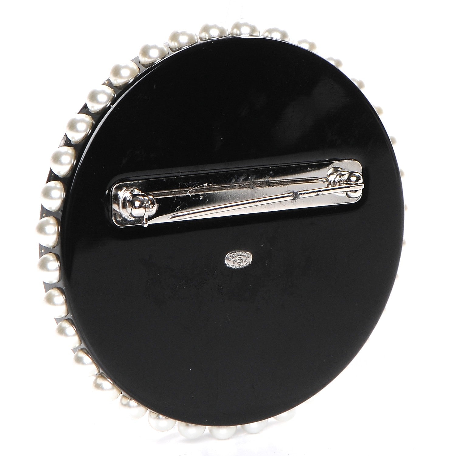 Chanel Glittered Resin Crystal Pearl CC Moon Pin Brooch Black Gold Silver 3 of 5