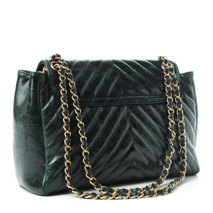 Chanel CHANE Glazed Calfskin Chevron Quilted Large Hampton Flap Dark Green 3 of 11