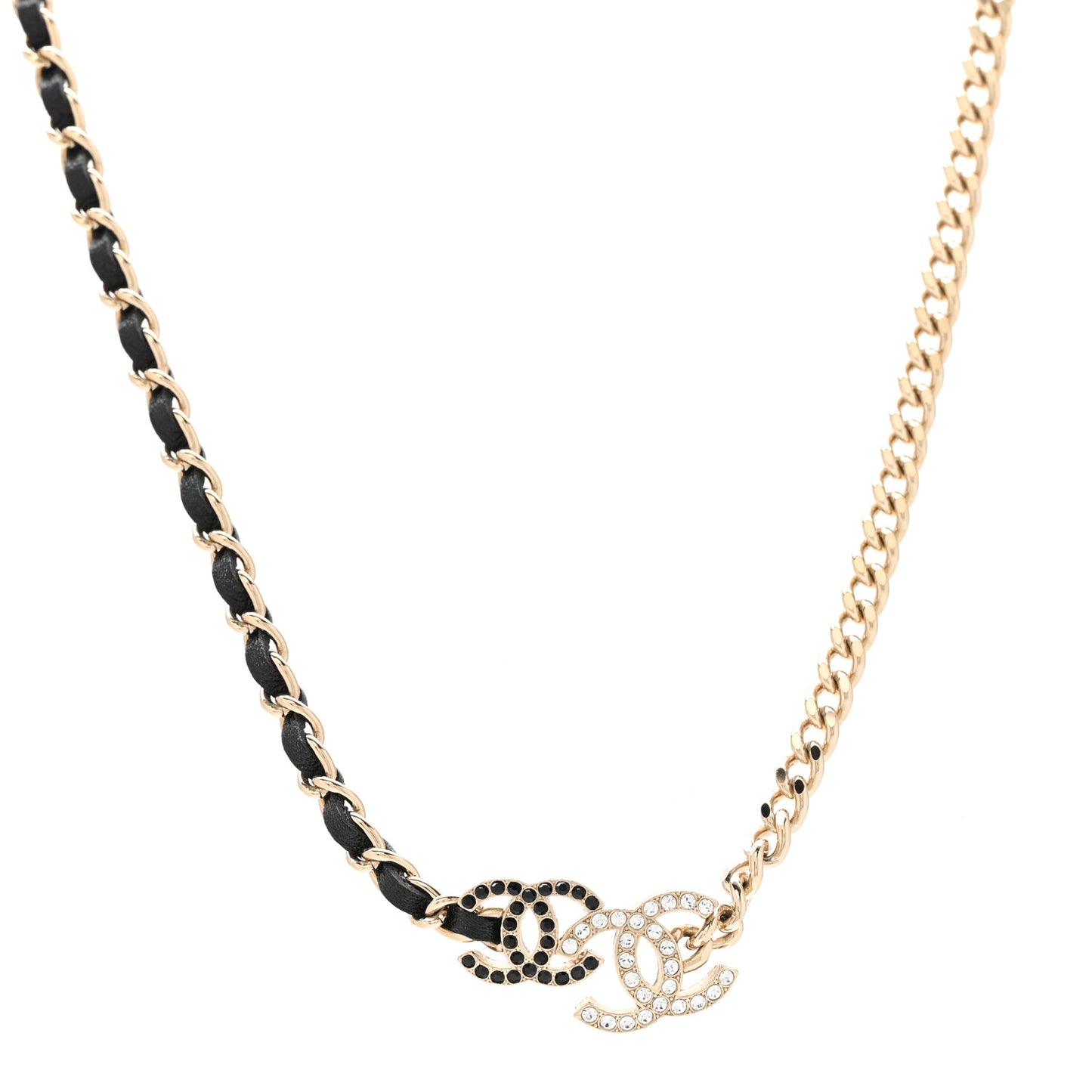 Metal Calfskin Crystal Double CC Short Necklace Black Gold