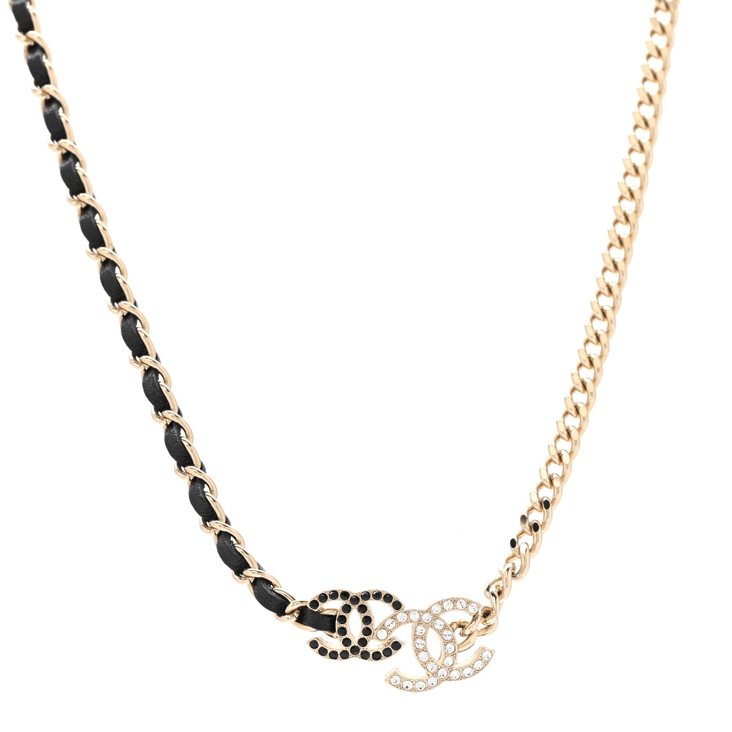 Chanel Metal Calfskin Crystal Double CC Short Necklace Black Gold 1 of 6