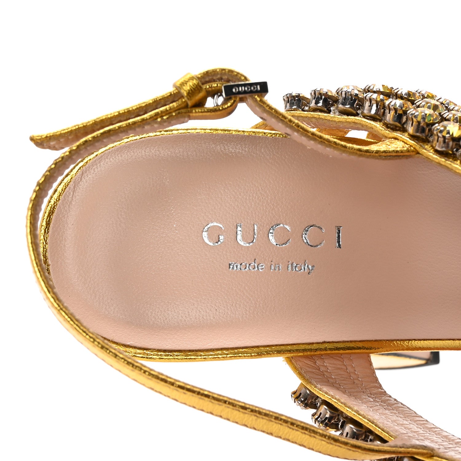 Gucci Nappa Silk Crystal Bertie High Heel Sandals 37.5 Gold 8 of 9